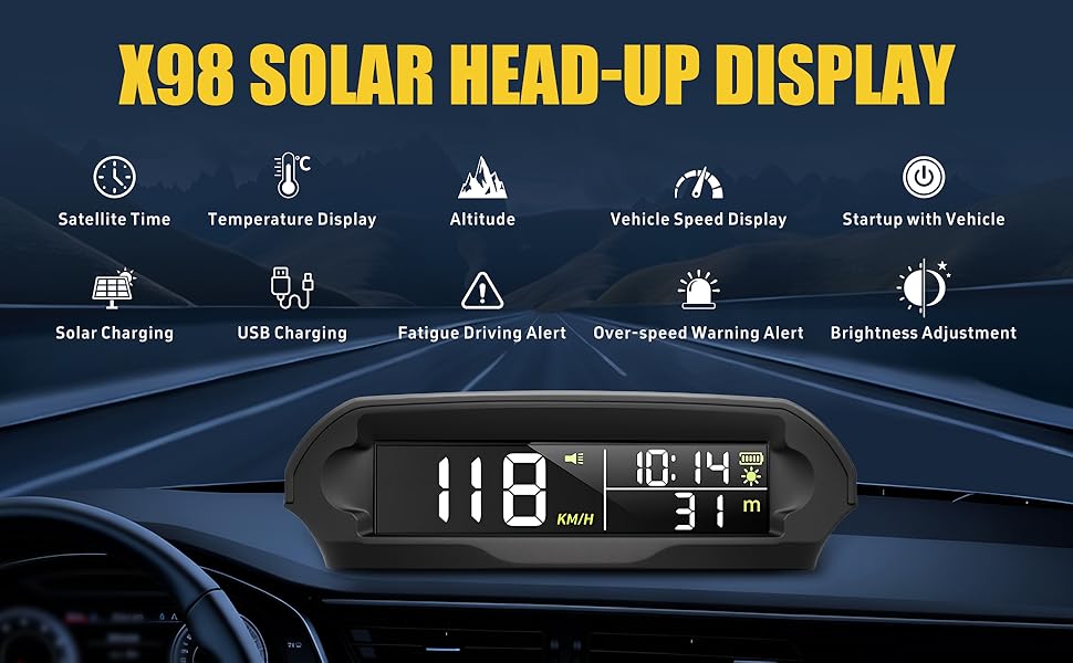 Wireless Heads Up Display for Cars Solar GPS Digital Speedometer