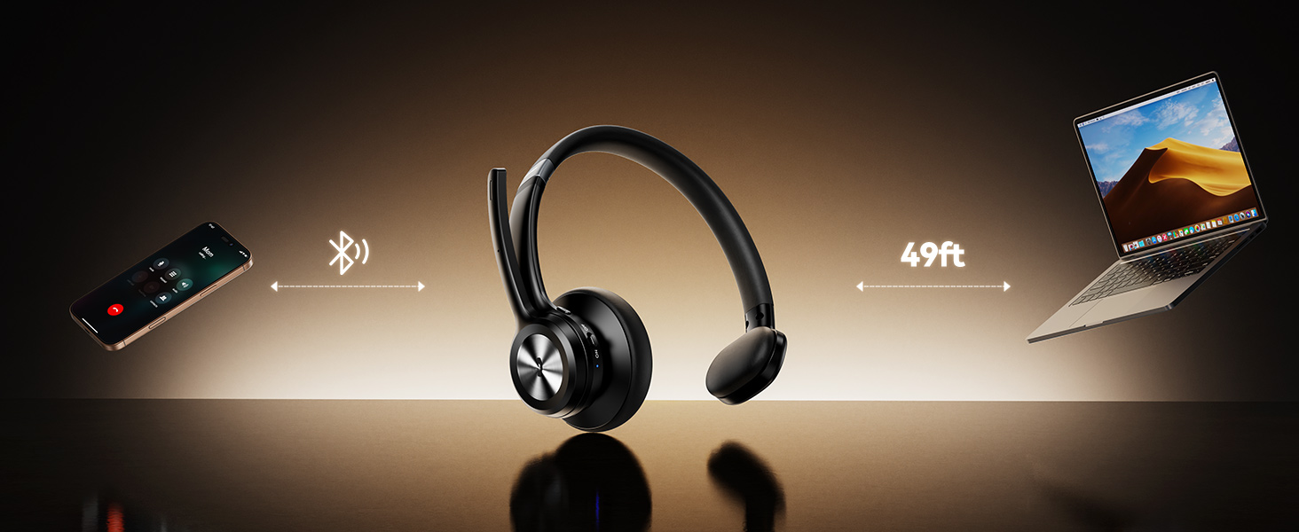Product advertisement showing wireless headset with Bluetooth connectivity icon and laptop/device symbols against dark gradient background.
