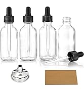 Set of 4, 1 oz Clear Eye Dropper Bottles with 1 Stainless Steel Funnels &amp; 4 Labels - Black Caps 3...