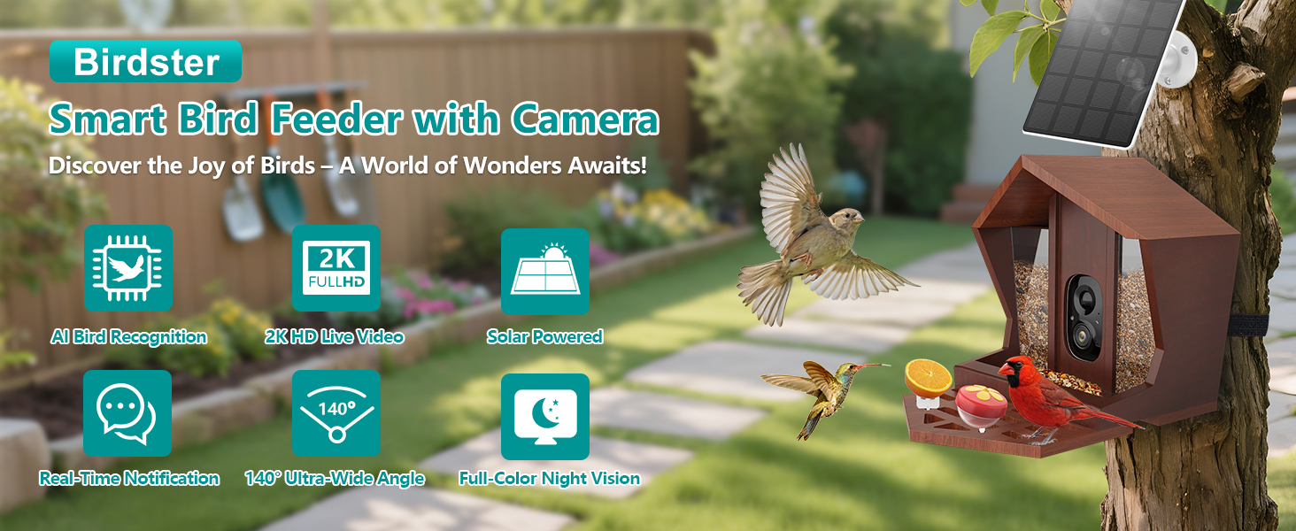 smart bird feeder with camera solar powered power wood wifi ai video live outdoor outside