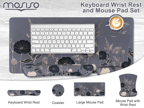 Text reads 'MOSISO Keyboard Wrist Rest and Mouse Pad Set.' Dark floral pattern desk set including keyboard wrist rest, coaster, large mouse pad, and mouse pad with wrist rest.