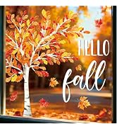 AnyDesign 2 Sheets Hello Fall Window Cling Autumn Tree Maple Leaves Reusable Window Decals for Th...