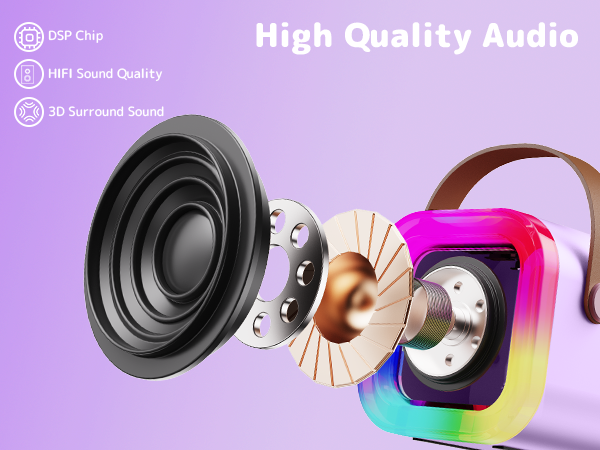 Text reads 'High Quality Audio'. Product image shows speaker components including black circular speaker cone and colorful rainbow-styled housing.
