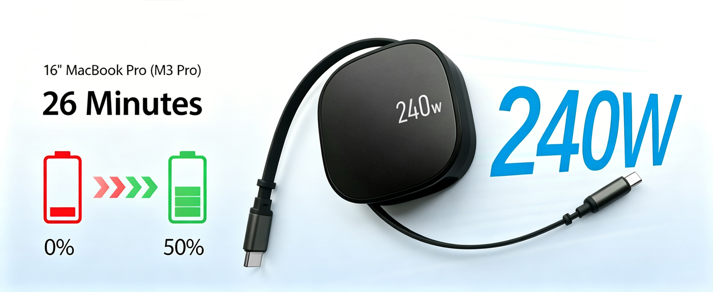240W Retracttable USB C Cable 26 minutes 50% charger