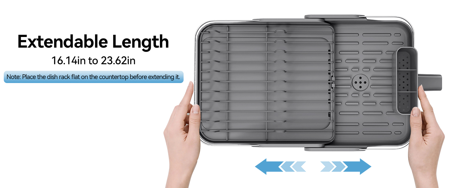 Text reads 'Extendable Length 16.14in to 23.62in'. Dark gray expandable cable organizer held in hands, with bidirectional expansion arrows indicating adjustable length functionality.