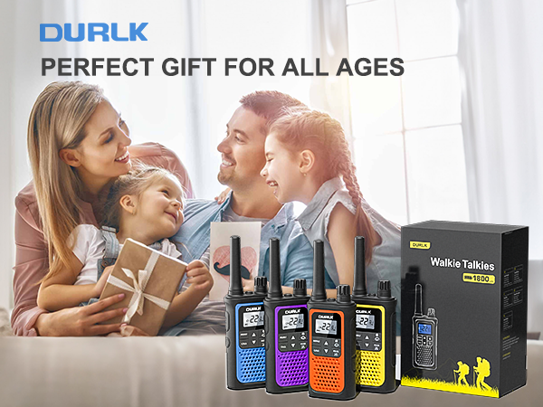 A family of four with smiles on their faces received a gift of DURLK 2 pack walkie talkies all ages