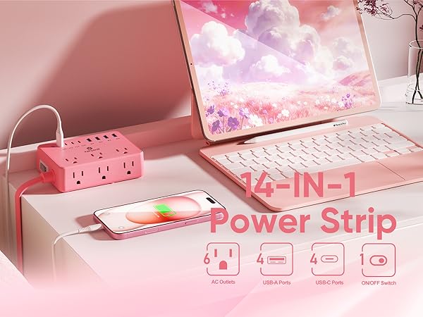 Pink Power Strip Equipped with 6 AC outlets, 4 USB-C ports and 4 USB-A ports.