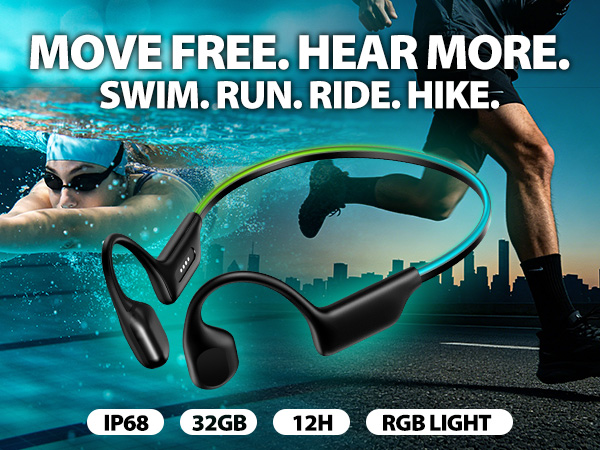 Bone conduction headphones for swimming running cycling with RGB safety light