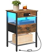 HOOBRO Nightstand with Charging Station, End Table with Adjustable Fabric Drawer, USB-A, Type-C, ...