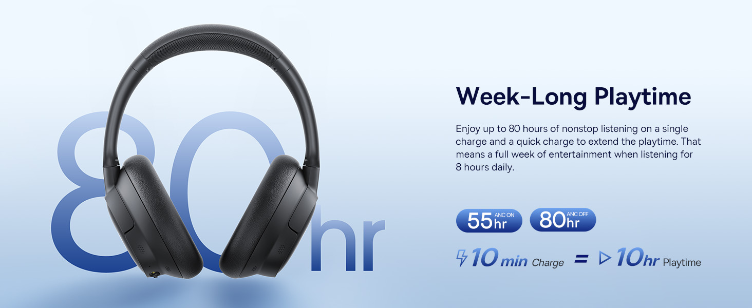 Text reads 'Week-Long Playtime'. Product interface showing circular blue progress indicators and battery life information for a device.