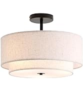 CALOKES 16" Double Drum 3-Light Semi Flush Mount Ceiling Light, Classic Fabric Linen Shade Design...