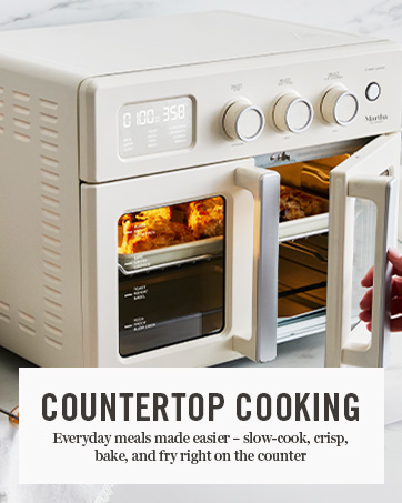 french door oven opening door on countertop