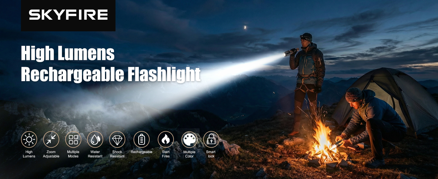 SKYFIRE Rechargeable Flashlight with Ignition Lens &amp;amp; White Yellow Blue Light