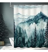 Litabel Peacock Blue Misty Pine Forest Shower Curtain, Mountain Foggy Woodland Scenery Tree Showe...