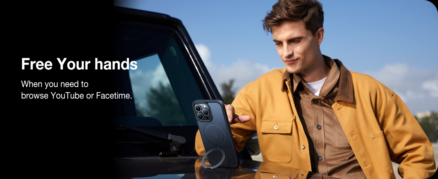 Car phone mount advertised as 'Free Your hands' for browsing YouTube or Facetime. Shows device mounted on car window.