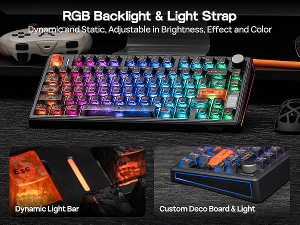 Text reads 'RGB Backlight &amp; Light Strap', 'Dynamic Light Bar', 'Custom Deco Board &amp; Light'. Gaming keyboard with RGB lighting displaying rainbow colors across keys.