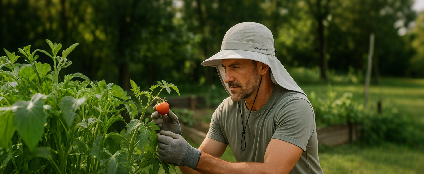Man wearing TOP-EX sun hat with neck flap while gardening and harvesting tomatoes in backyard