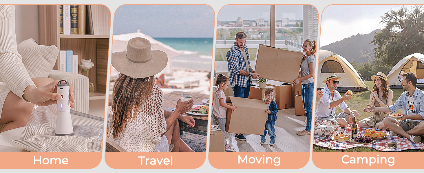Application scenarios shown with text labels: 'Home', 'Travel', 'Moving', 'Camping'. Series of lifestyle images demonstrating product use in different settings.