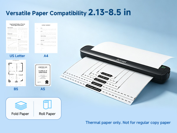 Inkless portable printer supports 2.13 to 8.5 inch thermal paper ( US Letter/ A4/ A5/ B5)