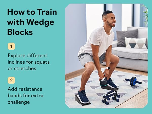 Man training at home with slant board calf stretcher and squat wedge block for squats and stretches