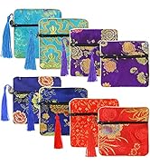 PINOWU 8pcs Silk Brocade Jewelry Bags with Zipper (11.5x11.5cm), Jewellery Silk Purse Pouch Gift ...