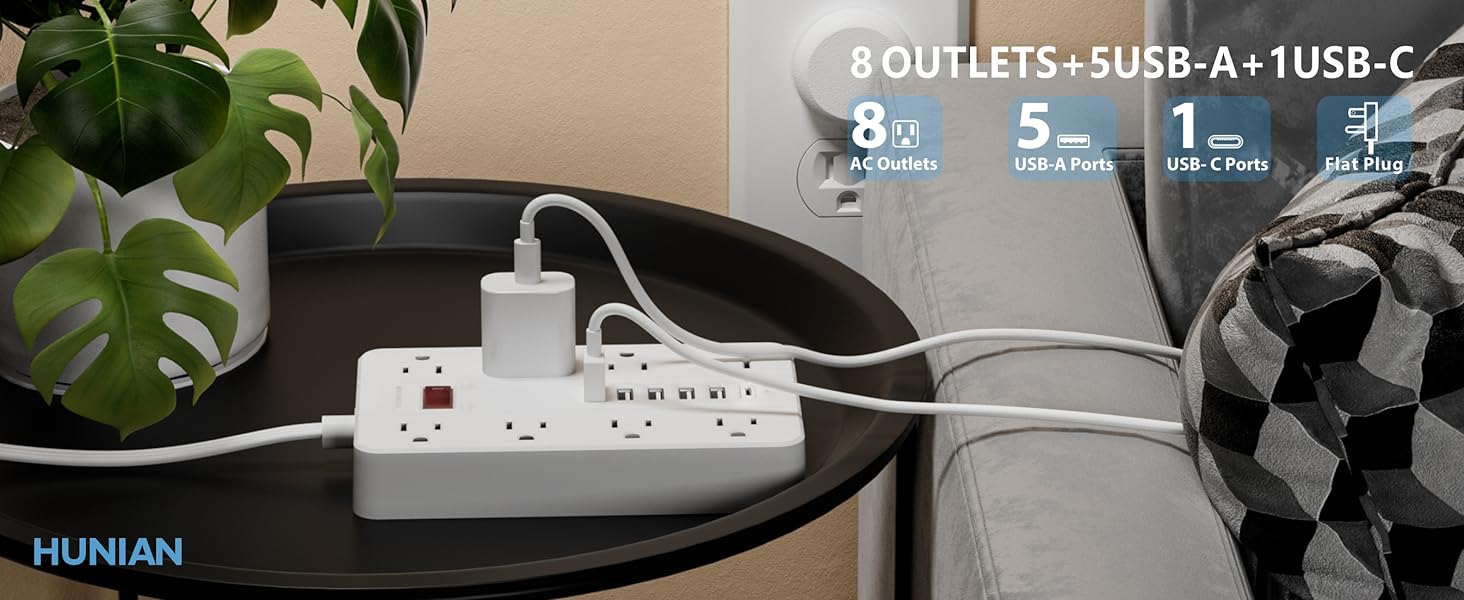 Flat Plug Power Strip with USB Ports 