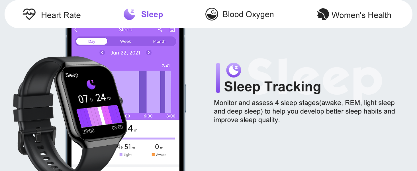Smartwatch with square display and black band, shown alongside app interface featuring sleep tracking data. Device monitors heart rate, sleep, and blood oxygen levels.