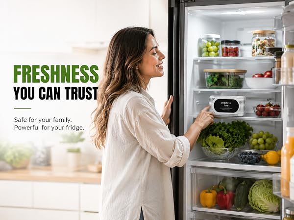 Woman opening fresh organized refrigerator with Meritell Pure deodorizer