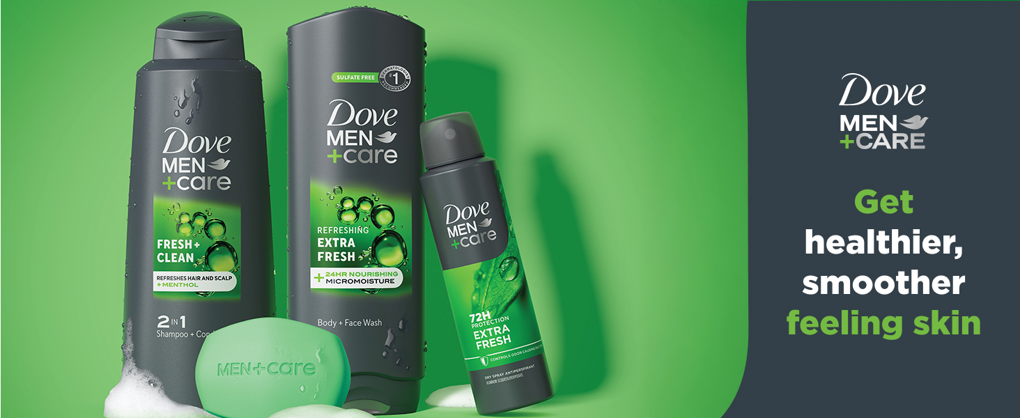Dove Men+Care set on a green backdrop with body wash, shampoo, deodorant and soap bar.