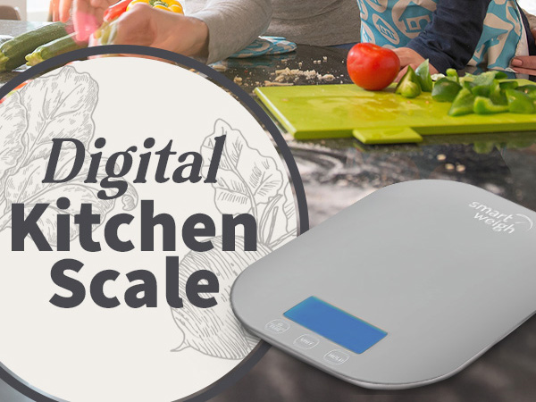 Digital kitchen scale, with food on table