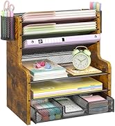 DAOUTIME 6-Tier Mesh Desk Organizer with Drawer, Wooden Office Organizer for Papers, Folders &amp; Of...