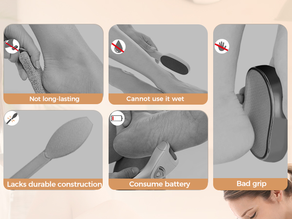 Six panel infographic highlighting drawbacks of a handheld device: not long-lasting, cannot use wet, lacks durable construction, consumes battery, and has bad grip.