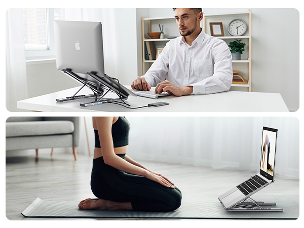 Multiple views showing laptop stand adjustments and ergonomic positions. Aluminum stand with multiple height and angle settings displayed on desk and floor, demonstrating various working postures.