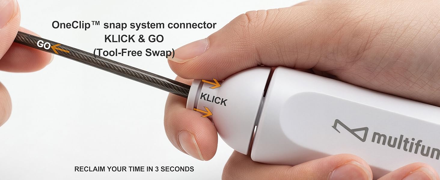 Hands demonstrating the multifun OneClip snap system connector for tool-free rope swap.