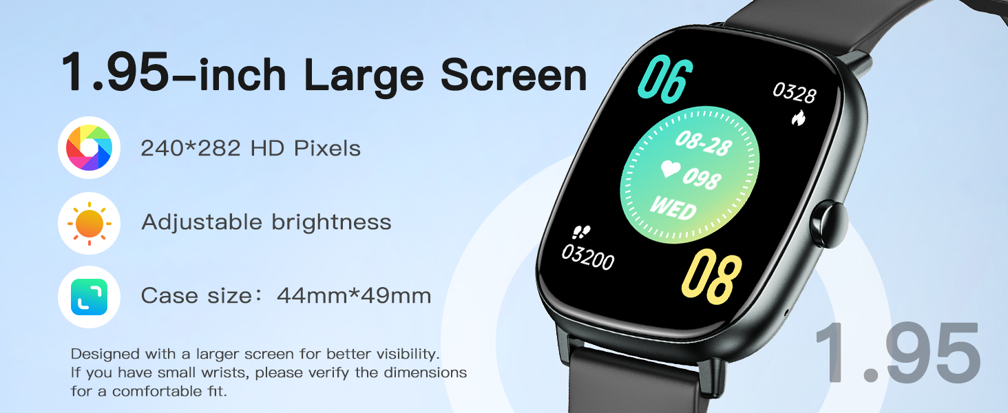 Smartwatch with 1.95&amp;#34; large screen &amp;amp; adjustable brightness. For better visibility, even outdoors.