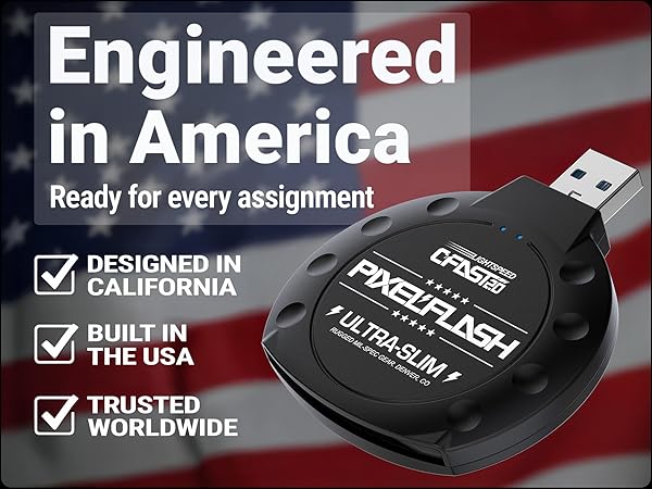 Black PixelFlash Classic USB CFast reader adapter, engineered designed in California, built in USA