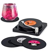 Valdivia Funny Retro Vinyl Record Coasters with Player, 6 Pcs Music Coasters for Drinks, Bars, Pa...