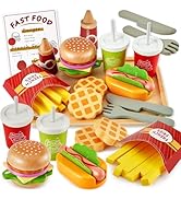 BUYGER Play Food Sets for Kids Kitchen, Wooden Fast Food Hamburger Play Set, Pretend Play Kitchen...