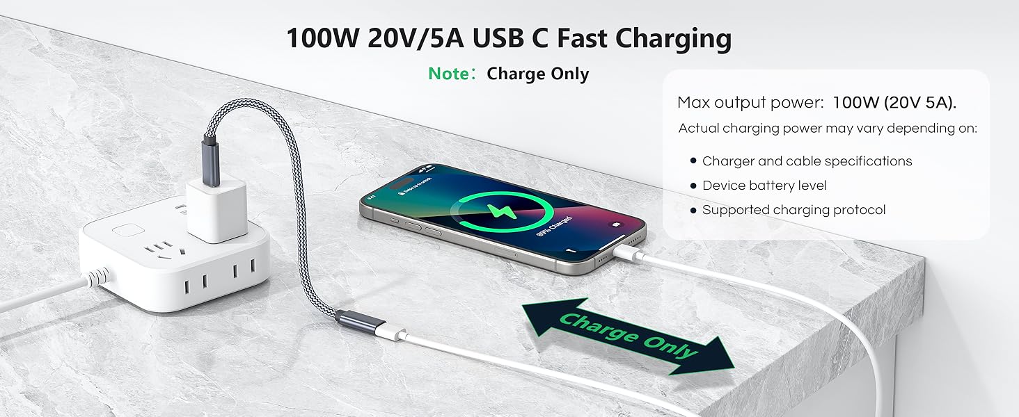 Text reads: '100W 20V/3A USB C Fast Charging' Product shows white charging hub with flexible gooseneck connector and smartphone displaying charging status on marble surface.