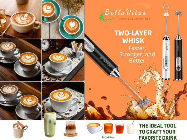 Black and white milk frothers with dual whisk attachments, coffee drinks, matcha