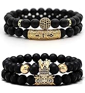 JEWPARK 4 Pcs Crown King Bracelets for Men Black Matte Onyx Cool Natural Stone Bracelets Set