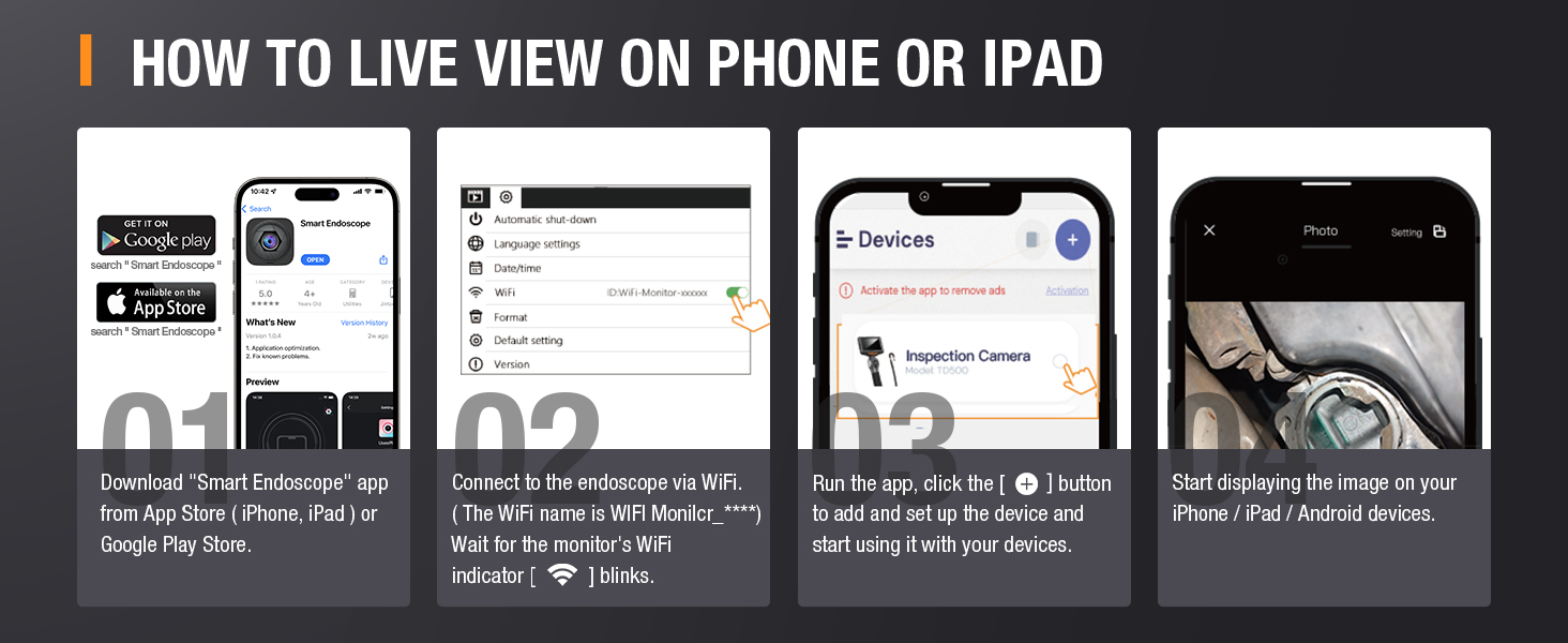 endoscope borescope inspection camera scope snake display on phone iphone ipad