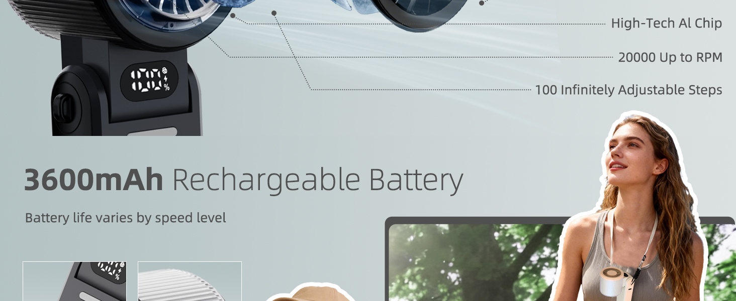Text reads "3600mAh Rechargeable Battery" and "High-Tech 5L Chip" and "100 Wireless Adjustable Gears". Woman wearing white wireless audio device with battery capacity and technical specifications highlighted.