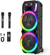 ROXAAN Dual 15'' Portable Bluetooth Speaker, PA Loud Speaker Systems with 2 Wireless Microphones ...