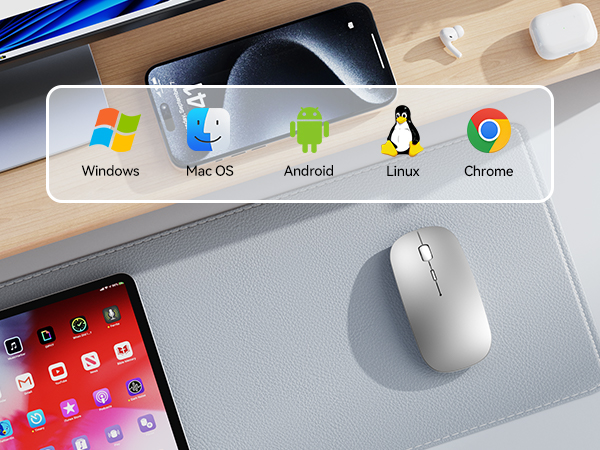 Operating system icons labeled "Windows", "Mac OS", "Android", "Linux", "Chrome". White wireless mouse on gray mousepad with tablet showing red app icons in background.