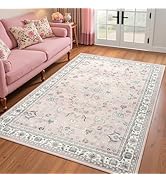 Flagover 4x6 Light Pink Washable Boho Area Rug for Living Room, Vintage Floral Non Slip Bedroom R...