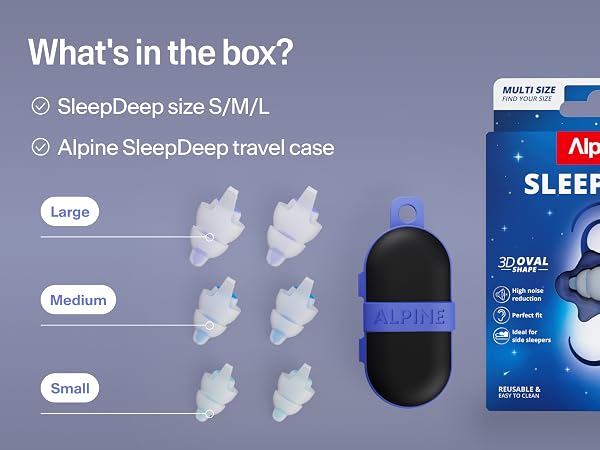 lpine SleepDeep earplugs in Small, Medium, and Large sizes with travel case and multi-size packaging