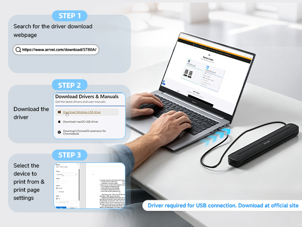 Connect the Arrvel ST80A thermal printer to a Windows, Mac, Chromebook, or Linux computer by USB.