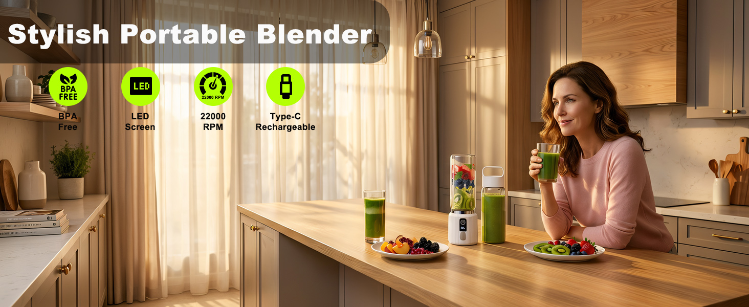 Text reads 'Stylish Portable Blender' with four feature icons below. Woman holding portable blender in kitchen, product shown in use with beverage.