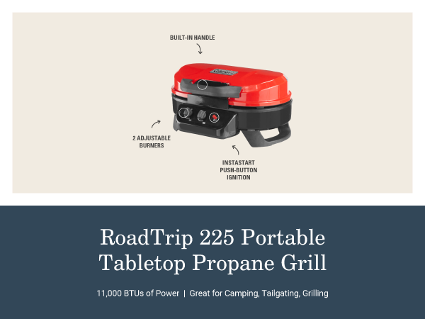 coleman roadtrip 225 portable tabletop propane grill red handle adjustable burner power tailgate